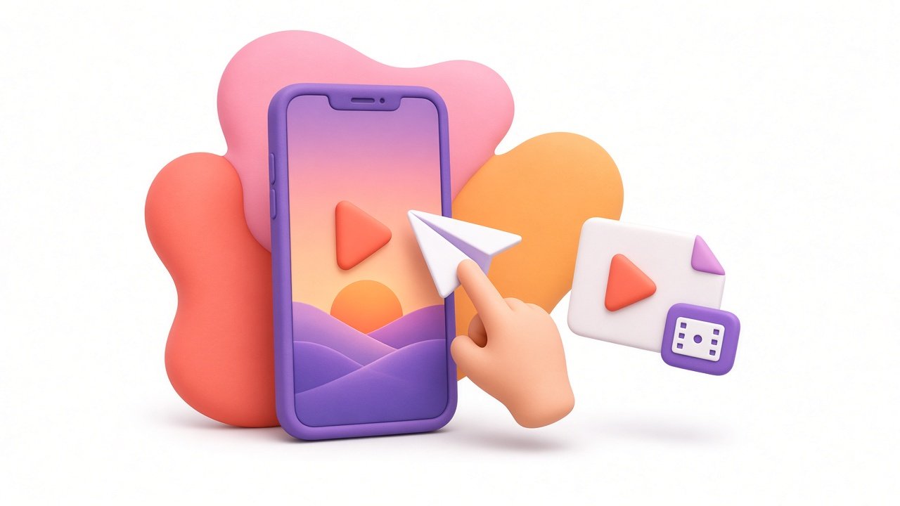 Purple phone with a share button and a video file card, for the IG Reels download guide.