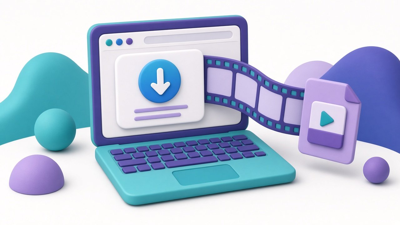 Teal laptop with a download button and a film strip turning into a video file.